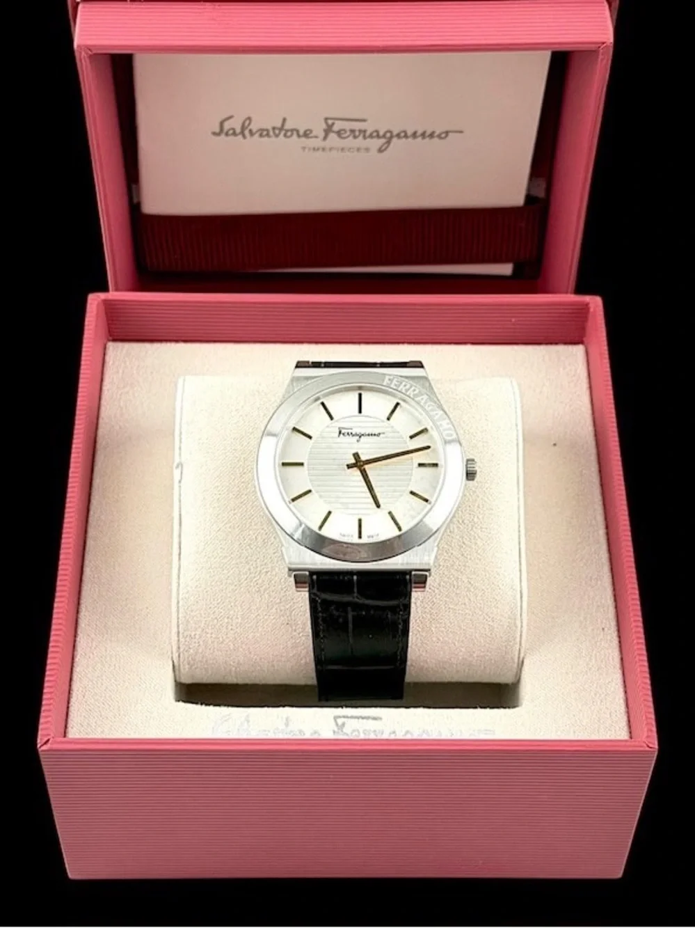 Salvatore Ferragamo Silver Case White Dial Black Leather Strap Watch
